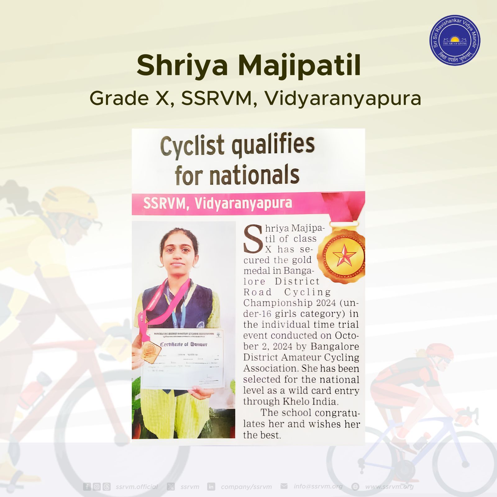 Our Grade X student from SSRVM Vidyaranyapura secured the gold medal 